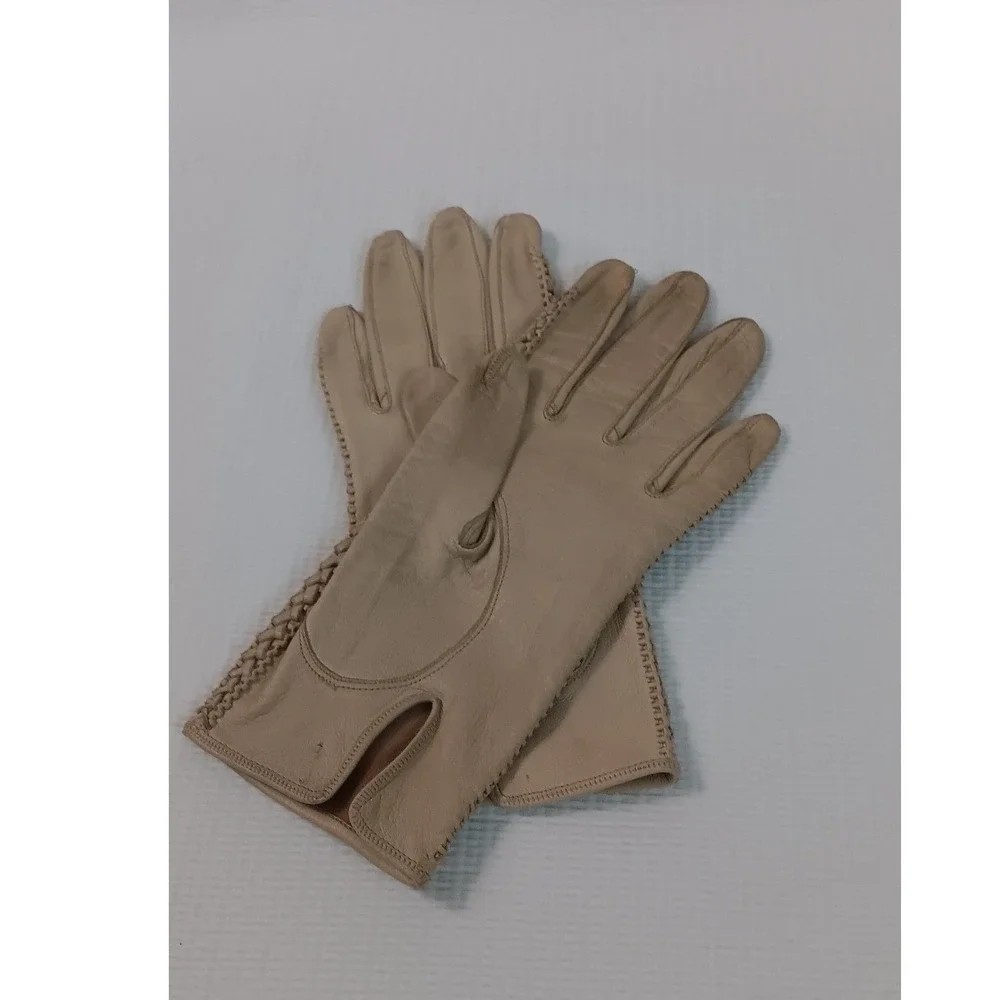 Bovia Leather Gloves Made in Italy Tan Braided Trim Small Size 7